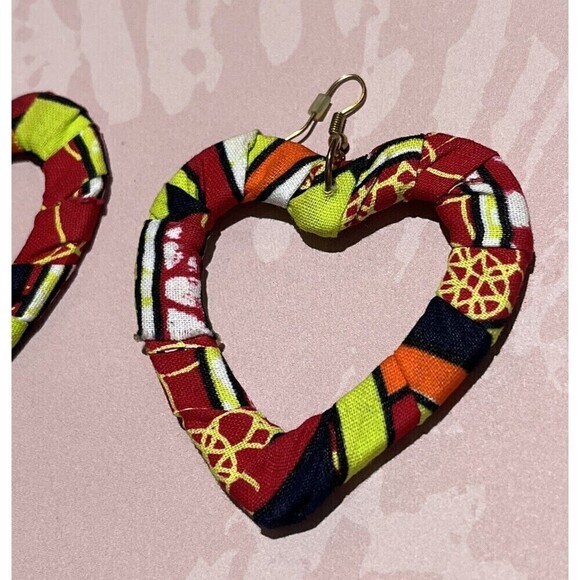 Vintage Womens Handmade Fabric Heart Dangle Earrings Large 80s Punk Rave - Picture 4 of 8